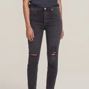 Agolde Nico High Rise Button Fly Washed Black Denim Straight Leg Jean Womens 27